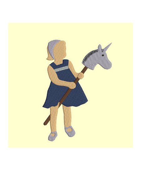 fillette et sa licorne redwork et points satin - 3 tailles 