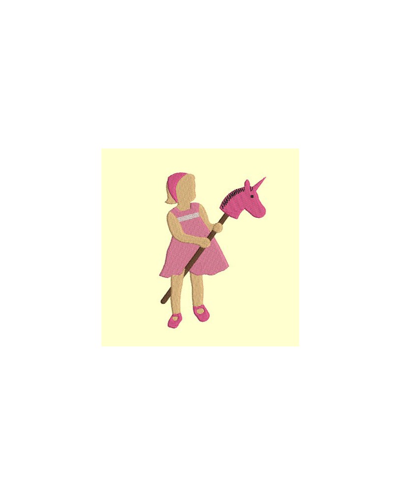 fillette et sa licorne redwork et points satin - 3 tailles 