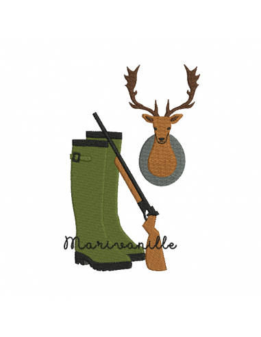 Bottes de chasse, fusil et trophée