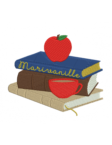 Pile de livre, pomme et tasse de thé