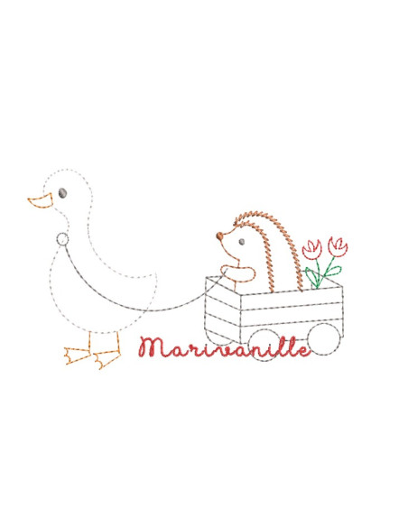 Une oie qui tire un hérisson dans 1 caisse en bois 13x8 cm