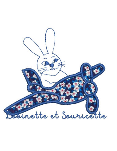 Lapin en avion en appliqué, 10x8,5 cm