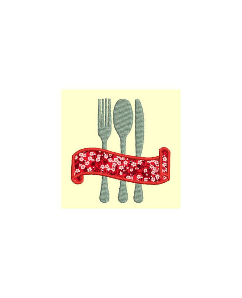 Trio de couverts et étiquette en appliqué